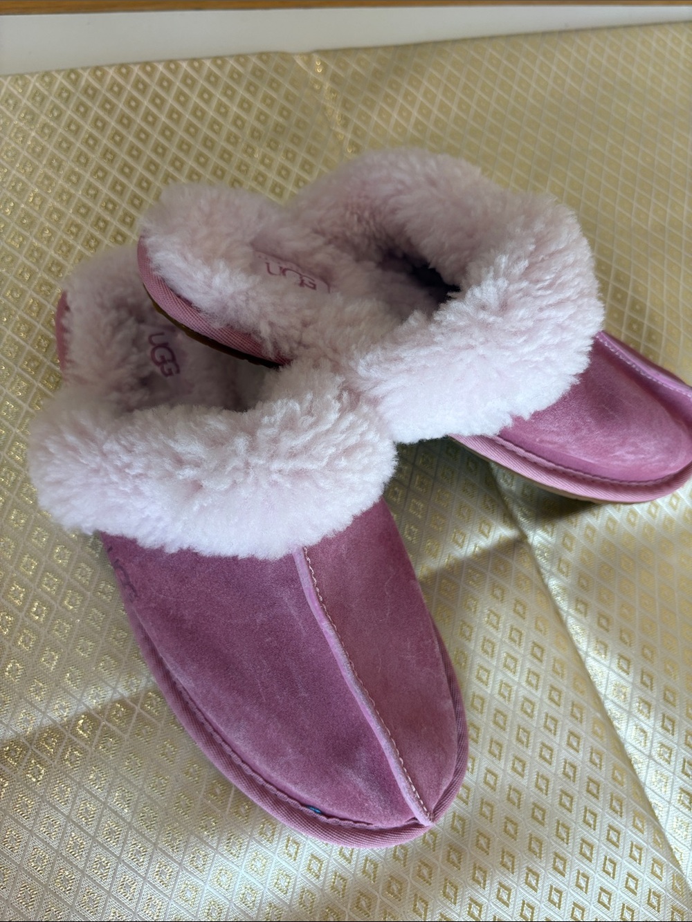 UGG Rose Pink Suede Shearling Slide Slippers Sz 8
